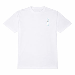 Men's Bronco Tee 2.0 in White — front flat lay, LBC chest logo with Lost Boy surfboard silhouette detail | Lost Boy Creations Key West