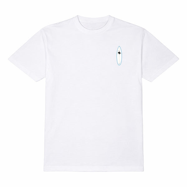 Men's Bronco Tee 2.0 in White — front flat lay, LBC chest logo with Lost Boy surfboard silhouette detail | Lost Boy Creations Key West