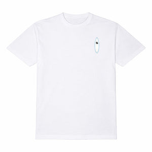 Men's Bronco Tee 2.0 in White — front flat lay, LBC chest logo with Lost Boy surfboard silhouette detail | Lost Boy Creations Key West