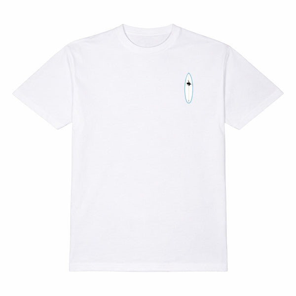 Men's Bronco Tee 2.0 in White — front flat lay, LBC chest logo with Lost Boy surfboard silhouette detail | Lost Boy Creations Key West