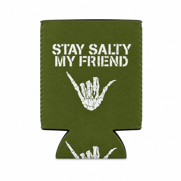 Lost Boy Koozie - Stay Salty in Olive — graphic front flat lay, white Stay Salty My Friend skeleton shaka graphic | Lost Boy Creations Key West