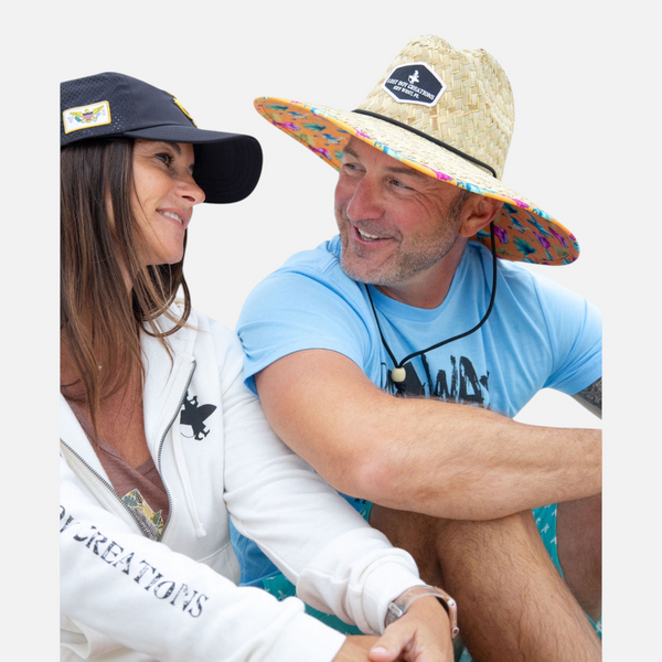 Straw Hat in [colorway] — lifestyle view, worn on the beach | Lost Boy Creations Key West