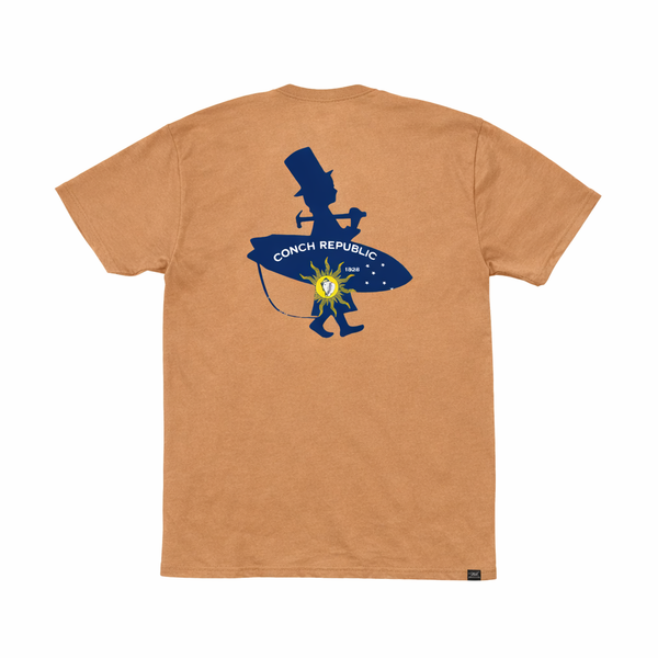 Brown t-shirt with blue graphic design on the back 