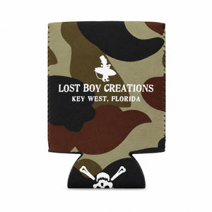Lost Boy Koozie - Pirate 2.0 in Camo — other side flat lay, white Lost Boy Creations Key West Florida wordmark with surfer logo | Lost Boy Creations Key West