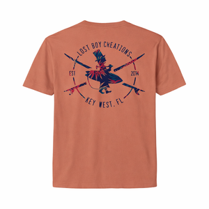  Men's Floral Surfer Tee in Rustic Red — back flat lay, full floral print with Lost Boy Creations silhouette graphic | Lost Boy Creations Key West