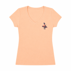 Women's Floral Surfer Tee in Melon — front flat lay, full-color LBC silhouette graphic on left chest, V-neck | Lost Boy Creations Key West