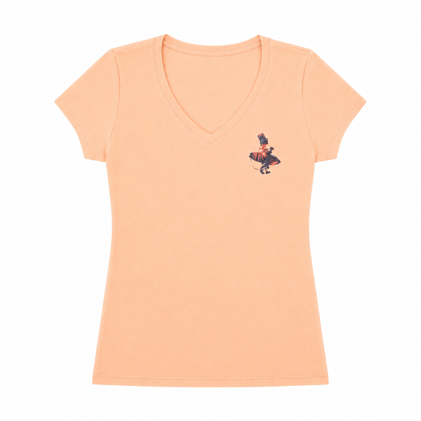 Women's Floral Surfer Tee in Melon — front flat lay, full-color LBC silhouette graphic on left chest, V-neck | Lost Boy Creations Key West