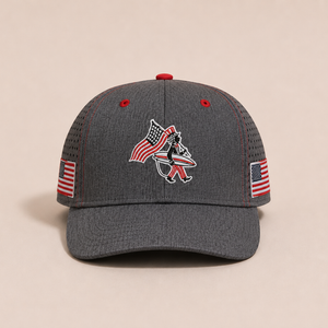 4th of July Hat 2026 — front view flat lay, Uncle Sam–inspired LBC logo embroidered on grey hat with red eyelets | Lost Boy Creations Key West