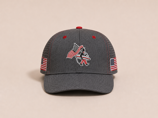 4th of July Hat 2026 — front view flat lay, Uncle Sam–inspired LBC logo embroidered on grey hat with red eyelets | Lost Boy Creations Key West