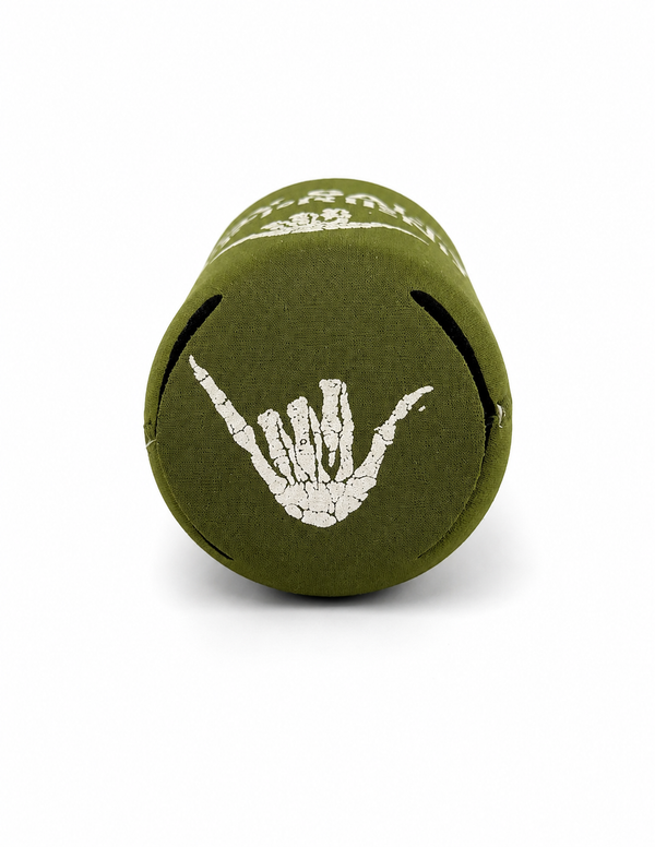 Lost Boy Koozie - Stay Salty in Olive — underview, white skeleton shaka graphic | Lost Boy Creations Key West