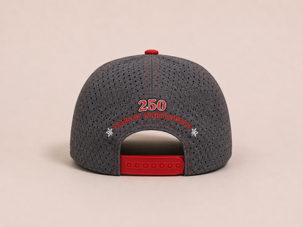4th of July Hat 2026 — back view flat lay, red snap closure with "250 Years of Independence" embroidered over keyhole | Lost Boy Creations Key West