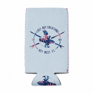 Lost Boy Koozie - Floral in Light Blue — flat lay, floral surfer logo slim can | Lost Boy Creations Key West