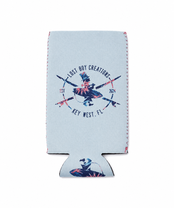 Lost Boy Koozie - Floral in Light Blue — flat lay, floral surfer logo slim can | Lost Boy Creations Key West