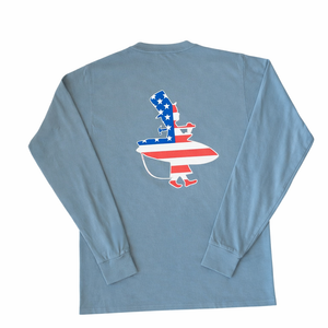 Blue long-sleeve shirt with a graphic 