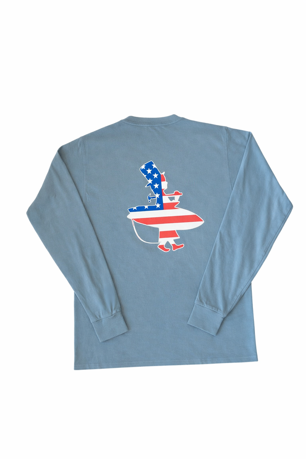 Blue long-sleeve shirt with a graphic 