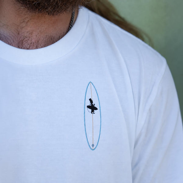 Men's Bronco Tee 2.0 in White — chest detail, Lost Boy Creations surfboard logo graphic on relaxed fit tee | Lost Boy Creations Key West