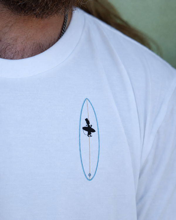 Men's Bronco Tee 2.0 in White — chest detail, Lost Boy Creations surfboard logo graphic on relaxed fit tee | Lost Boy Creations Key West