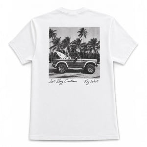 Men's Bronco Tee 2.0 in White — back flat lay, full-back Bronco graphic in tones of gray and black with signature Lost Boy Creations styling | Lost Boy Creations Key West