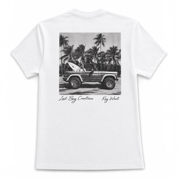 Men's Bronco Tee 2.0 in White — back flat lay, full-back Bronco graphic in tones of gray and black with signature Lost Boy Creations styling | Lost Boy Creations Key West
