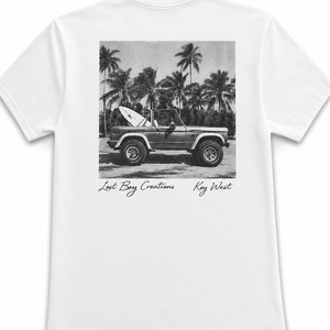 Men's Bronco Tee 2.0 in White — back flat lay, full-back Bronco graphic in tones of gray and black with signature Lost Boy Creations styling | Lost Boy Creations Key West