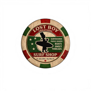 Lost Boy Creations Poker Chip in Cream & Red — Back view, red and green surfer silhouette graphic | Lost Boy Creations Key West