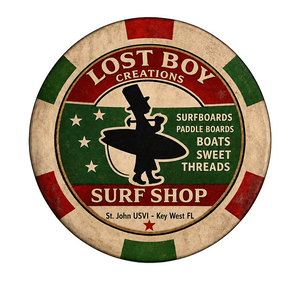 Lost Boy Creations Poker Chip in Cream & Red — Back view, red and green surfer silhouette graphic | Lost Boy Creations Key West