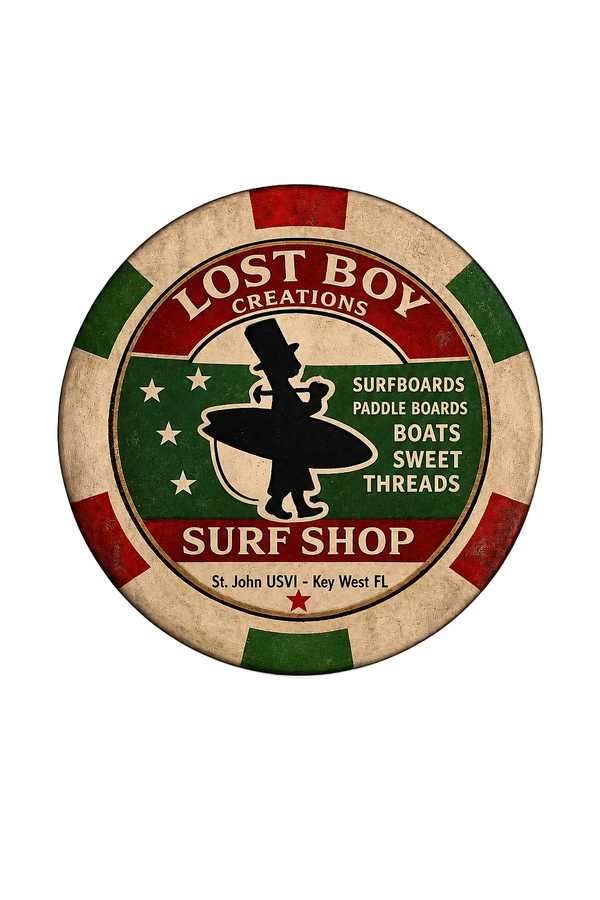 Lost Boy Creations Poker Chip in Cream & Red — Back view, red and green surfer silhouette graphic | Lost Boy Creations Key West