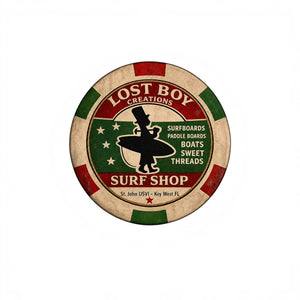 Lost Boy Creations Poker Chip in Cream & Red — Back view, red and green surfer silhouette graphic | Lost Boy Creations Key West