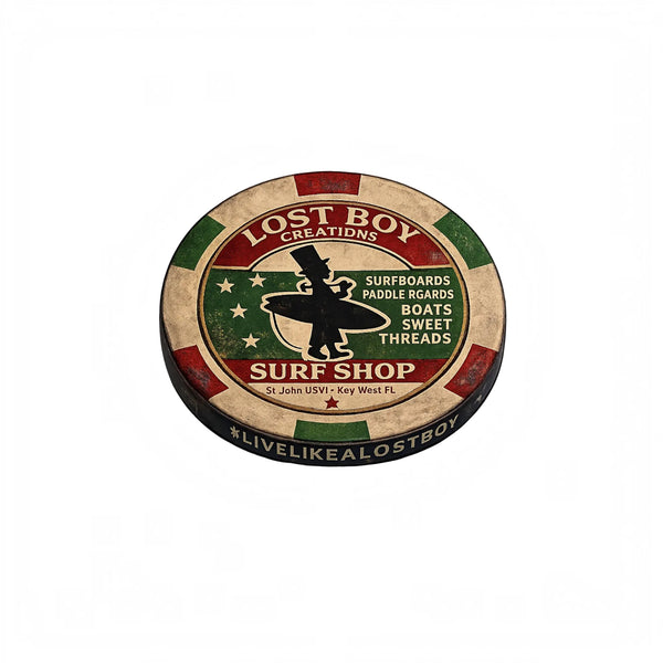 Lost Boy Creations Poker Chip in Red & Green — side angle view, distressed surfer silhouette with #LiveLikeALostBoy engraving | Lost Boy Creations Key West