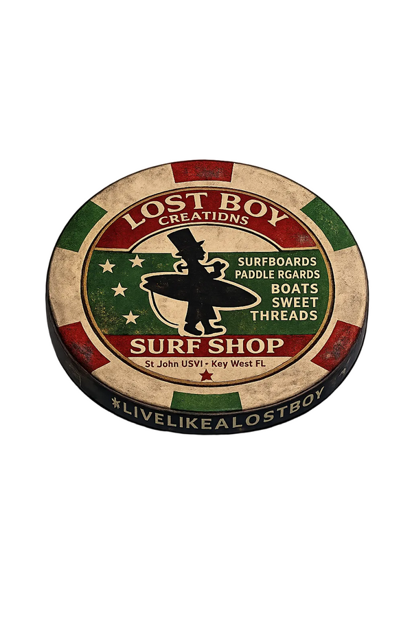 Lost Boy Creations Poker Chip in Red & Green — side angle view, distressed surfer silhouette with #LiveLikeALostBoy engraving | Lost Boy Creations Key West