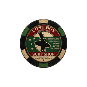 Lost Boy Creations Poker Chip in Black & Green — front view, red and green surfer silhouette graphic | Lost Boy Creations Key West