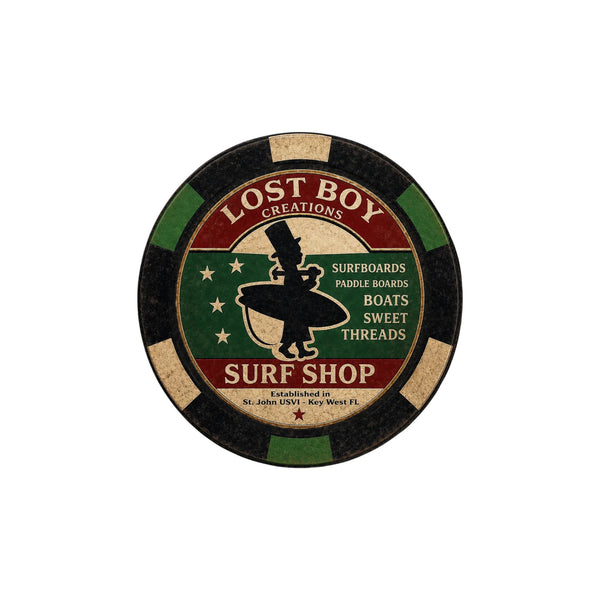 Lost Boy Creations Poker Chip in Black & Green — front view, red and green surfer silhouette graphic | Lost Boy Creations Key West
