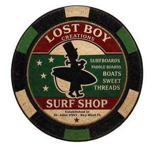 Lost Boy Creations Poker Chip in Black & Green — front view, red and green surfer silhouette graphic | Lost Boy Creations Key West
