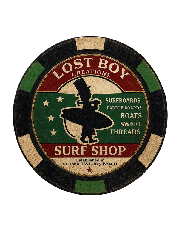 Lost Boy Creations Poker Chip in Black & Green — front view, red and green surfer silhouette graphic | Lost Boy Creations Key West