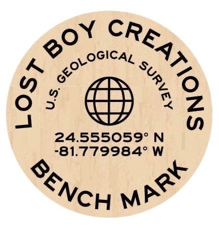 Lost Boy Creations wood coordinates sticker with Key West GPS coordinates | Lost Boy Creations Key West