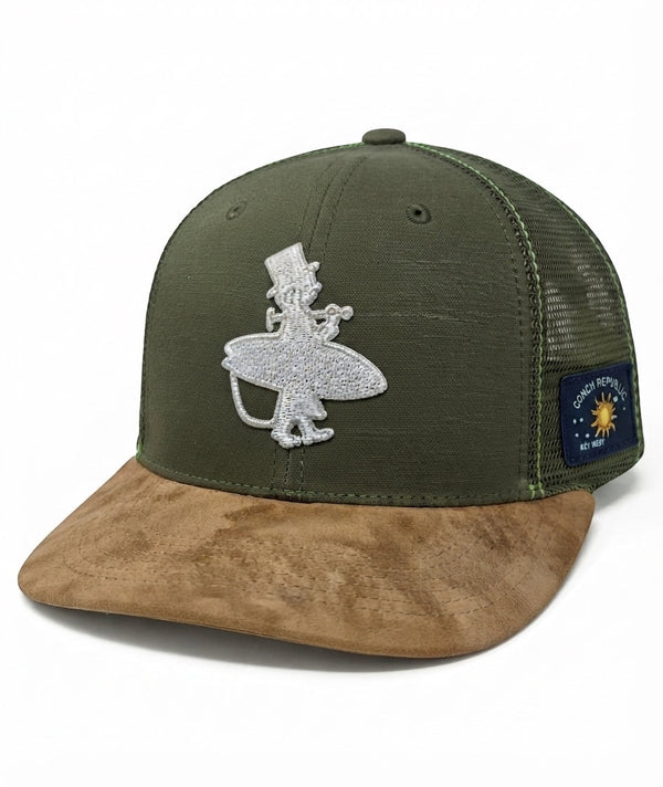 Dr. Green Thumb 2.0 Trucker Hat — left side view, Conch Republic Key West patch on dark green with tan suede brim | Lost Boy Creations Key West