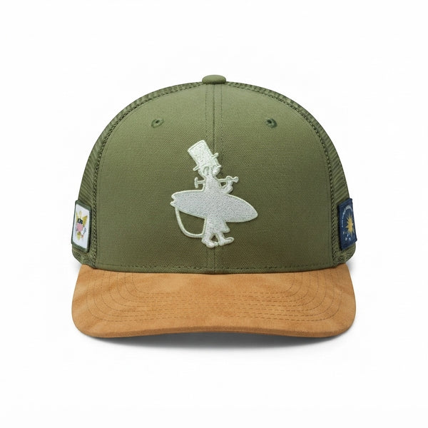 Dr. Green Thumb 2.0 Trucker Hat — front view, white embroidered Lost Boy surfer logo on dark green low crown with tan suede brim | Lost Boy Creations Key West