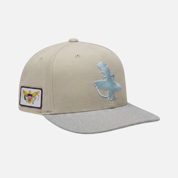 The Vanilla Ice Hat ivory structured trucker hat three-quarter view with icy blue Lost Boy logo embroidery and U.S. Virgin Islands flag patch on left side | Lost Boy Creations Key West