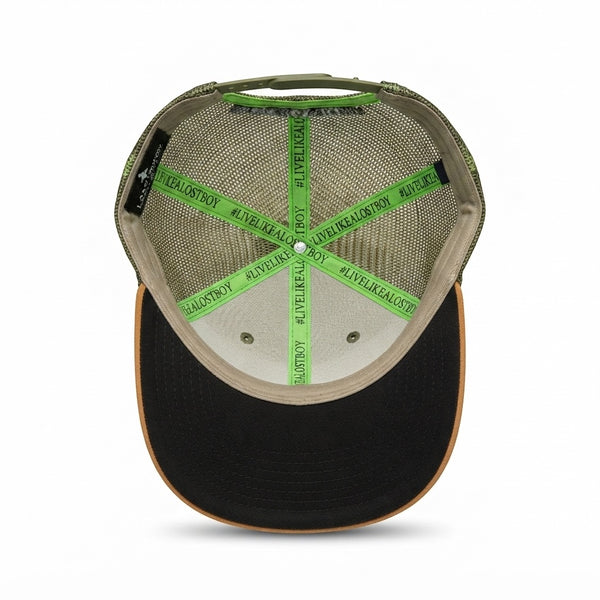 Dr. Green Thumb 2.0 Trucker Hat — interior overhead view, green #LiveLikeALostBoy crown taping detail on dark green and tan suede brim | Lost Boy Creations Key West