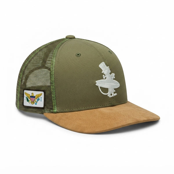 Dr. Green Thumb 2.0 Trucker Hat — right side view, white embroidered Lost Boy surfer logo and USVI flag patch on dark green with tan suede brim | Lost Boy Creations Key West