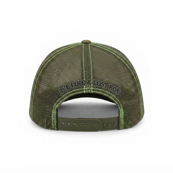 Dr. Green Thumb 2.0 Trucker Hat — back view, "Live Like a Lost Boy" embroidered arc on dark green mesh with adjustable snapback closure | Lost Boy Creations Key West