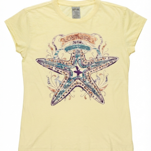 Women's Lost Girl Starfish Tee lemon yellow tee front view with vintage starfish graphic and Lost Girl banner in teal coral and purple | Lost Boy Creations Key West