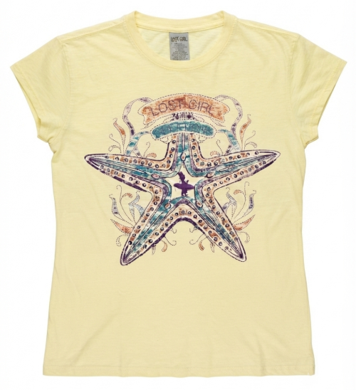 Women's Lost Girl Starfish Tee lemon yellow tee front view with vintage starfish graphic and Lost Girl banner in teal coral and purple | Lost Boy Creations Key West