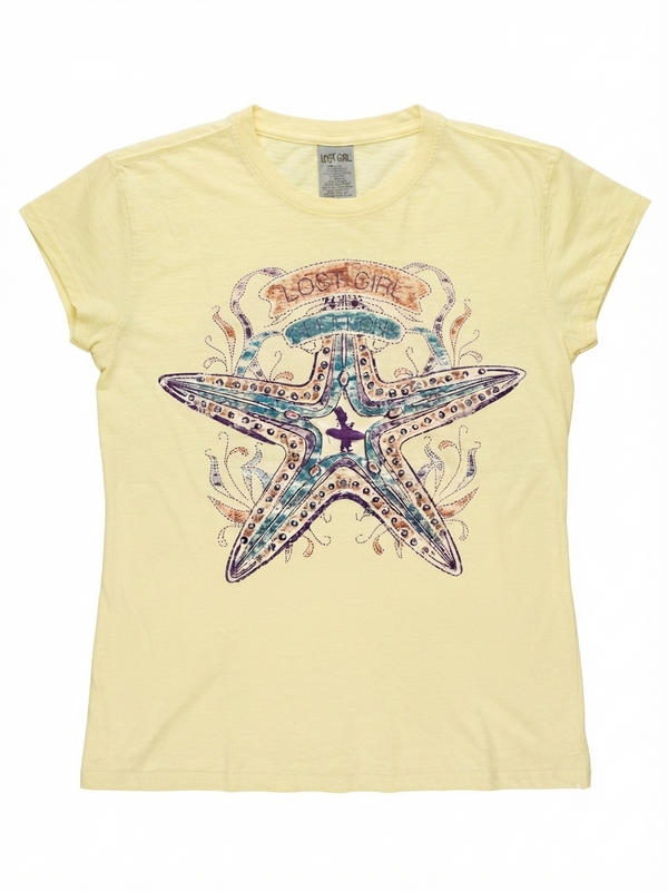 Women's Lost Girl Starfish Tee lemon yellow tee front view with vintage starfish graphic and Lost Girl banner in teal coral and purple | Lost Boy Creations Key West