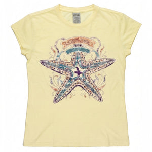 Women's Lost Girl Starfish Tee lemon yellow tee front view with vintage starfish graphic and Lost Girl banner in teal coral and purple | Lost Boy Creations Key West