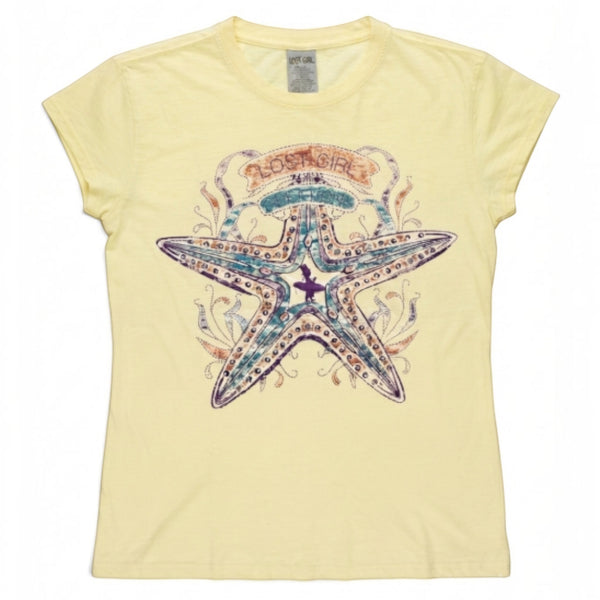 Women's Lost Girl Starfish Tee lemon yellow tee front view with vintage starfish graphic and Lost Girl banner in teal coral and purple | Lost Boy Creations Key West