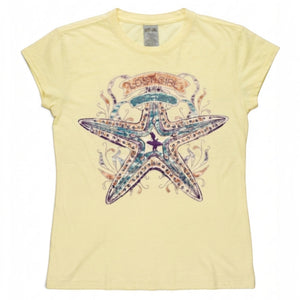 Women's Lost Girl Starfish Tee lemon yellow tee front view with vintage starfish graphic and Lost Girl banner in teal coral and purple | Lost Boy Creations Key West
