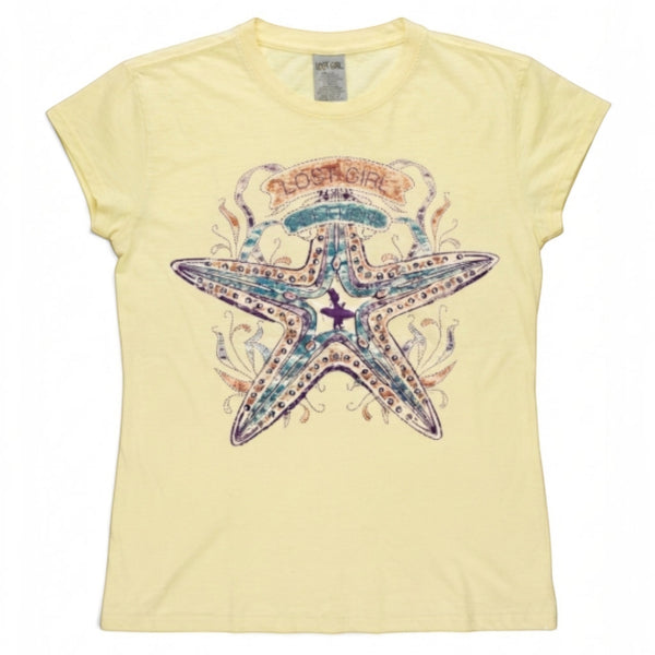 Women's Lost Girl Starfish Tee lemon yellow tee front view with vintage starfish graphic and Lost Girl banner in teal coral and purple | Lost Boy Creations Key West
