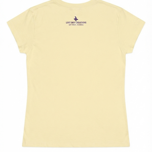 Women's Lost Girl Starfish Tee lemon yellow tee back view with Lost Boy Creations Key West Florida logo at neckline | Lost Boy Creations Key West