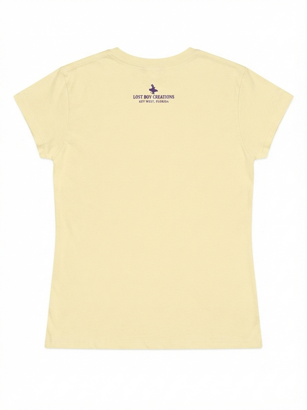 Women's Lost Girl Starfish Tee lemon yellow tee back view with Lost Boy Creations Key West Florida logo at neckline | Lost Boy Creations Key West